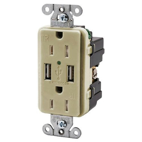 Hubbell USB15X2W 15AMP Outlet Dual USB Charging Ports Ivory