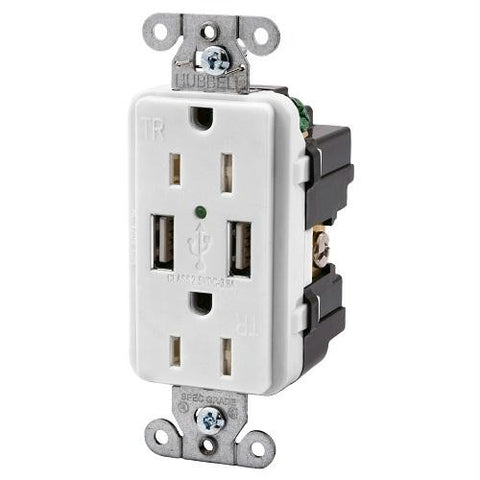 Hubbell USB15X2W 15AMP Outlet Dual USB Charging Ports White